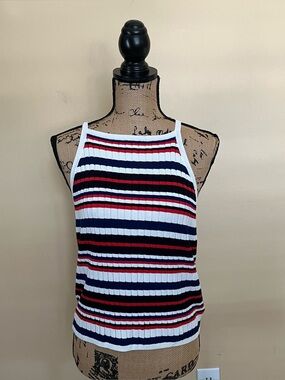 H&M Striped Ribbed Halter Tank Top Red White and Blue